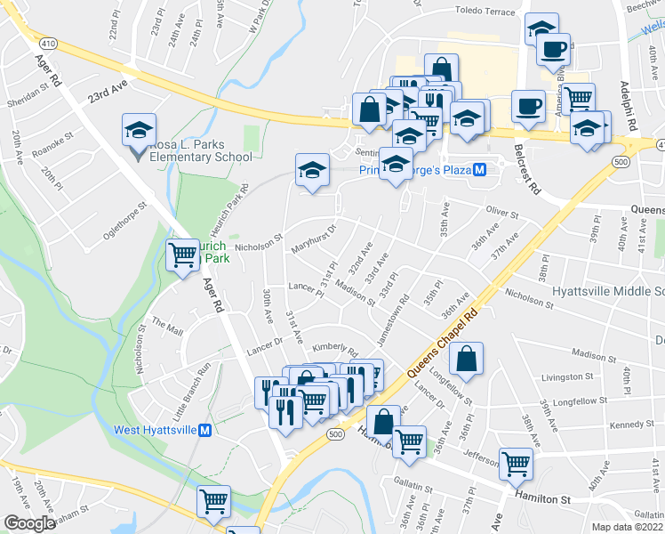 map of restaurants, bars, coffee shops, grocery stores, and more near 31st Place in Hyattsville