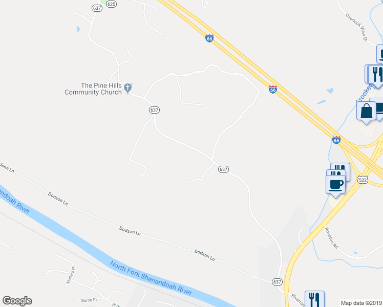 map of restaurants, bars, coffee shops, grocery stores, and more near 3414 Guard Hill Road in Front Royal
