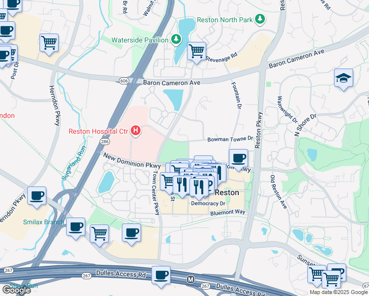 map of restaurants, bars, coffee shops, grocery stores, and more near 12024 Taliesin Place in Reston