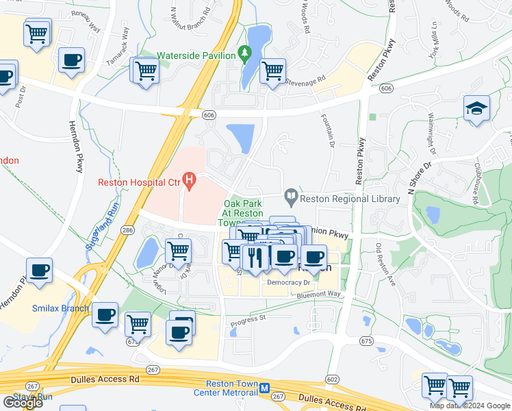 map of restaurants, bars, coffee shops, grocery stores, and more near 12024 Taliesin Place in Reston