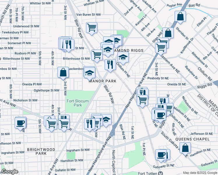 map of restaurants, bars, coffee shops, grocery stores, and more near 5911 Blair Road Northwest in Washington
