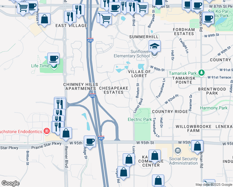 map of restaurants, bars, coffee shops, grocery stores, and more near 9250 Lichtenauer Drive in Lenexa