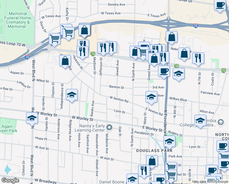 map of restaurants, bars, coffee shops, grocery stores, and more near 901 Jewell Avenue in Columbia