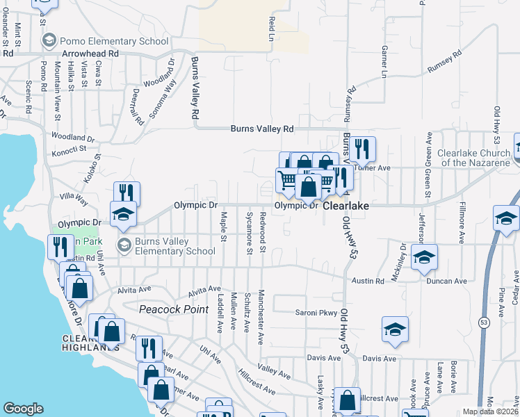 map of restaurants, bars, coffee shops, grocery stores, and more near 3511 Redwood Street in Clearlake