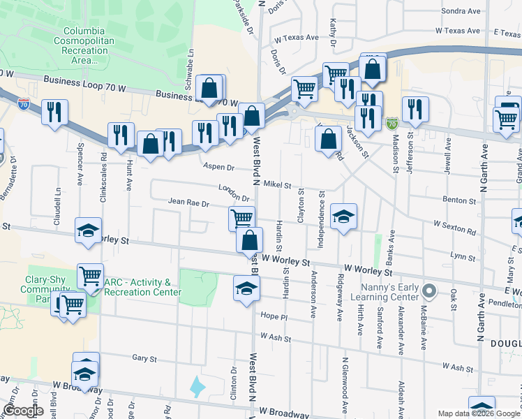 map of restaurants, bars, coffee shops, grocery stores, and more near 704 West Boulevard North in Columbia
