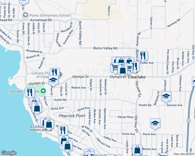 map of restaurants, bars, coffee shops, grocery stores, and more near 3516 Cypress Street in Clearlake