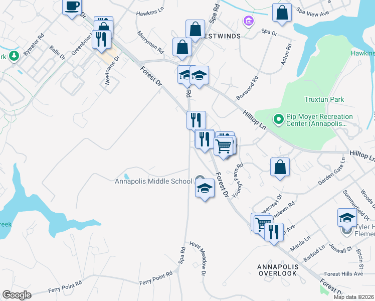 map of restaurants, bars, coffee shops, grocery stores, and more near 1292 Spa Road in Annapolis