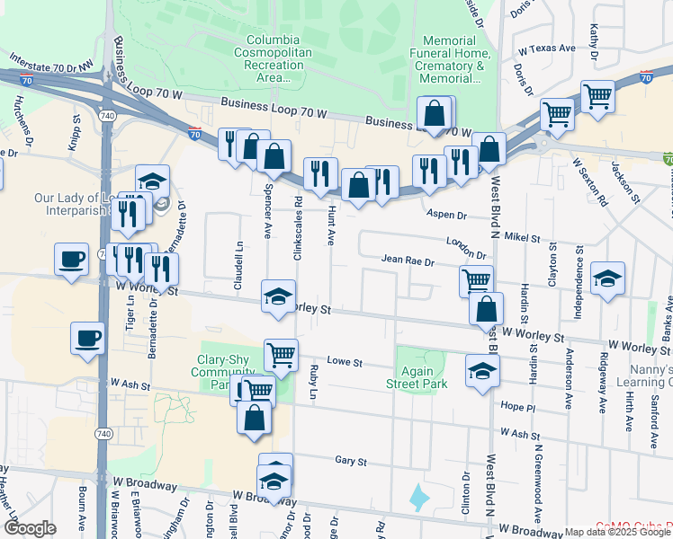 map of restaurants, bars, coffee shops, grocery stores, and more near 601 Pennant Street in Columbia
