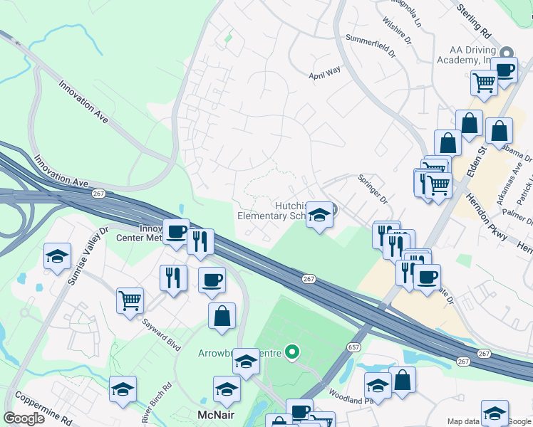 map of restaurants, bars, coffee shops, grocery stores, and more near 13342 Shea Place in Herndon