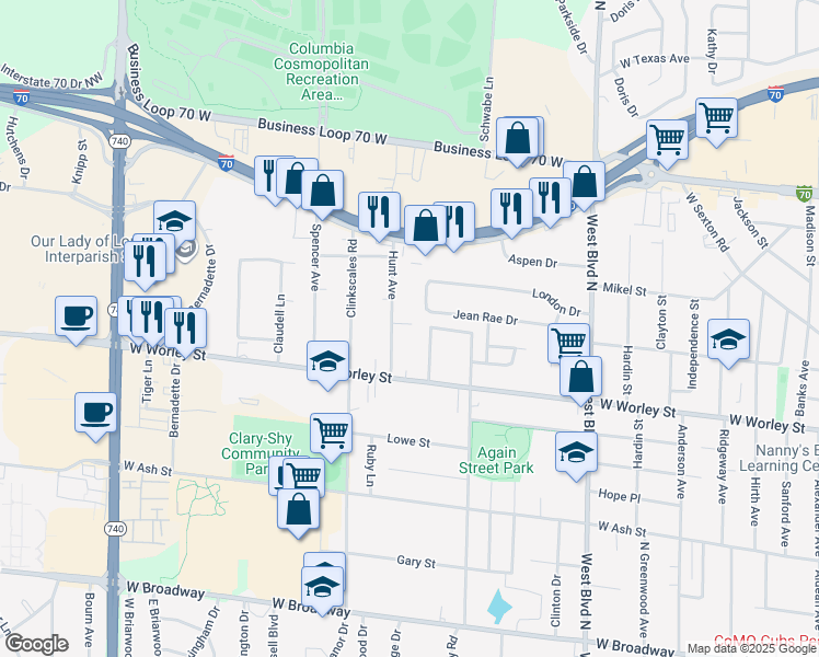 map of restaurants, bars, coffee shops, grocery stores, and more near 601 Pennant Street in Columbia