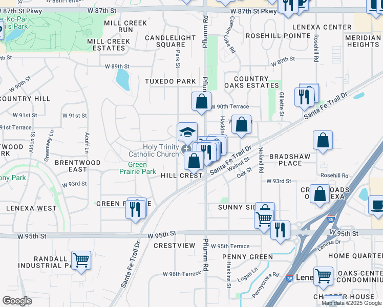 map of restaurants, bars, coffee shops, grocery stores, and more near 9201 Summit Street in Lenexa