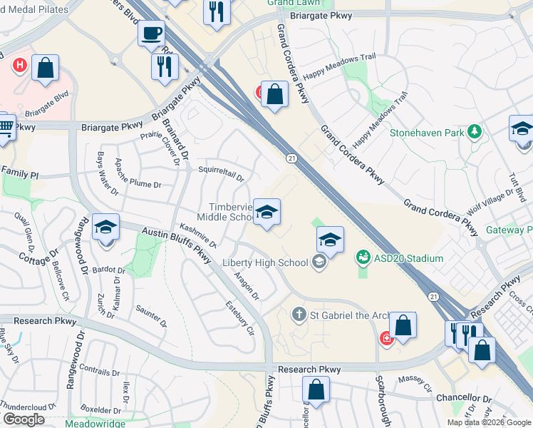 map of restaurants, bars, coffee shops, grocery stores, and more near 8680 Scarborough Drive in Colorado Springs