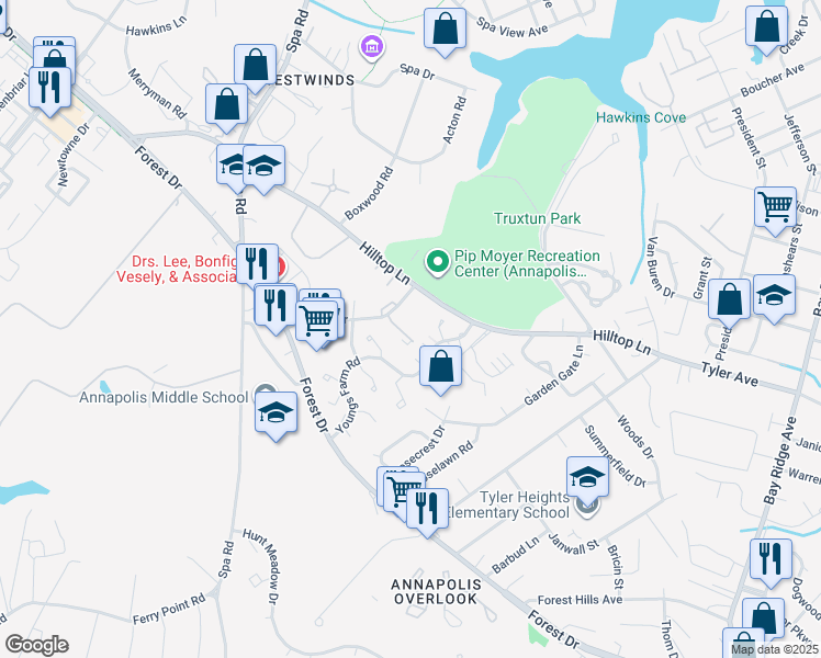 map of restaurants, bars, coffee shops, grocery stores, and more near 1231 Gemini Drive in Annapolis