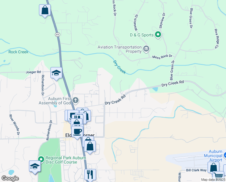 map of restaurants, bars, coffee shops, grocery stores, and more near 12355 Dry Creek Road in Auburn