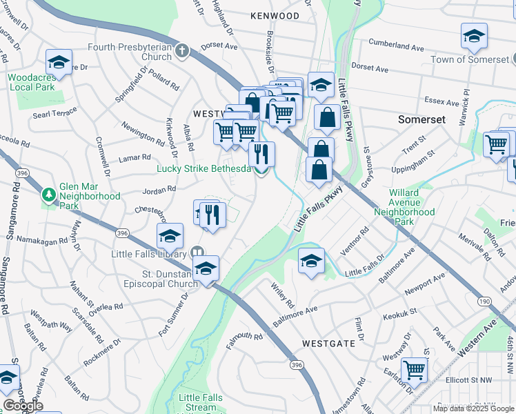map of restaurants, bars, coffee shops, grocery stores, and more near 5325 Westbard Avenue in Bethesda