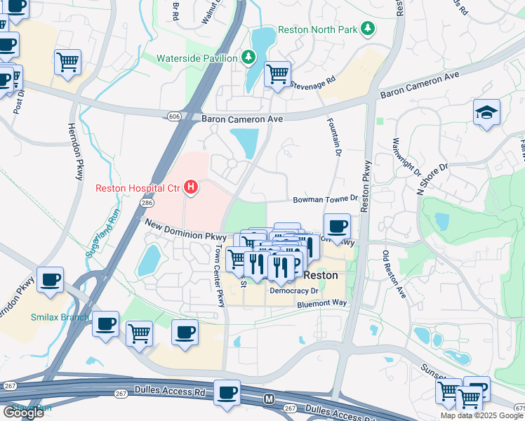 map of restaurants, bars, coffee shops, grocery stores, and more near 12024 Taliesin Place in Reston
