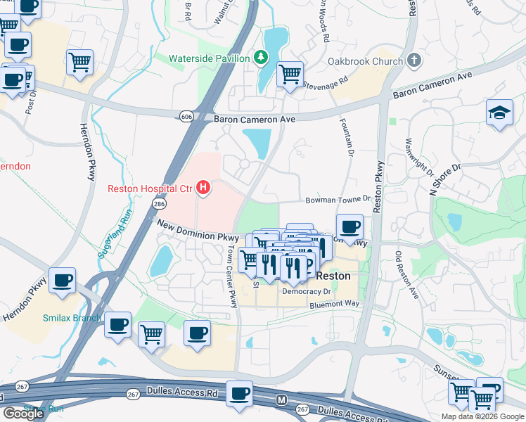 map of restaurants, bars, coffee shops, grocery stores, and more near 12020 Taliesin Place in Reston