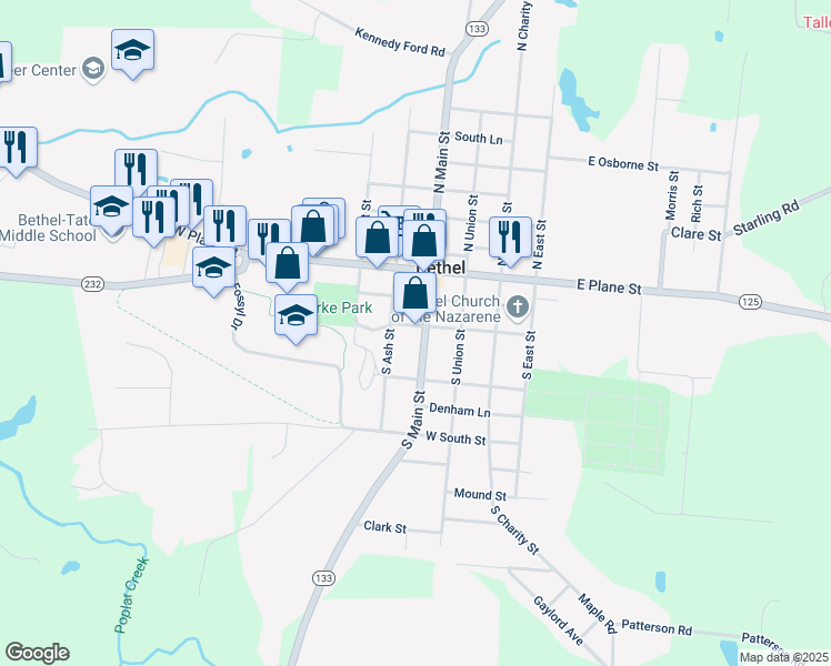 map of restaurants, bars, coffee shops, grocery stores, and more near 228 South Main Street in Bethel