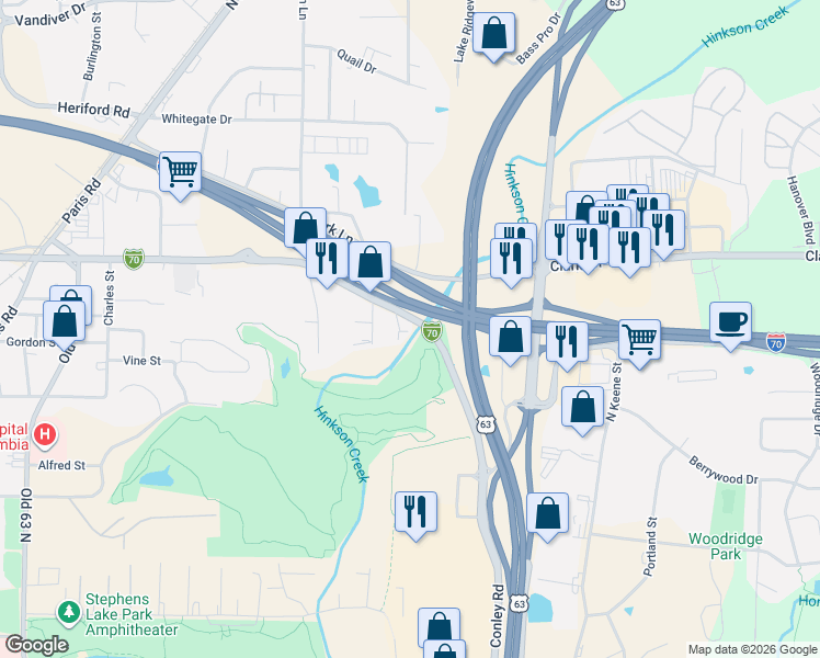 map of restaurants, bars, coffee shops, grocery stores, and more near 1006-1008 Mehl Road in Columbia
