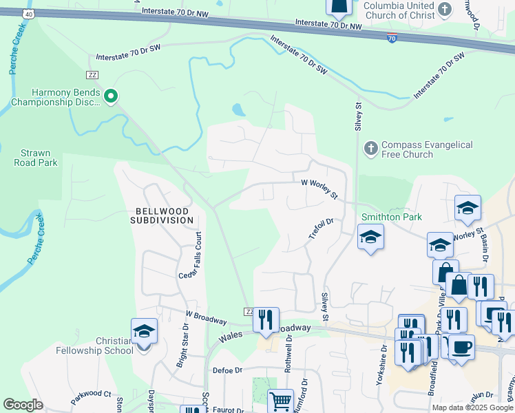 map of restaurants, bars, coffee shops, grocery stores, and more near 216 N Strawn Rd in Columbia