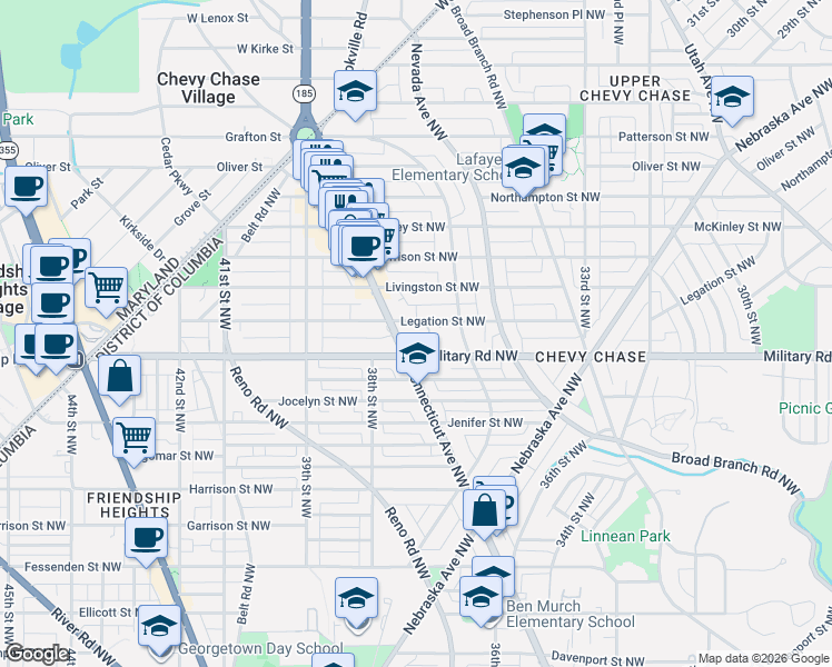 map of restaurants, bars, coffee shops, grocery stores, and more near 3710 Military Road Northwest in Washington