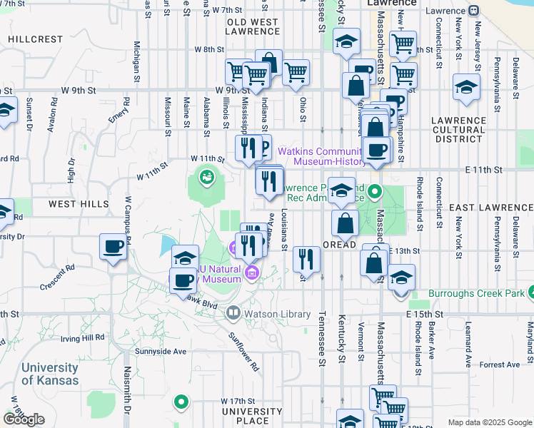 map of restaurants, bars, coffee shops, grocery stores, and more near 1201 Oread Avenue in Lawrence