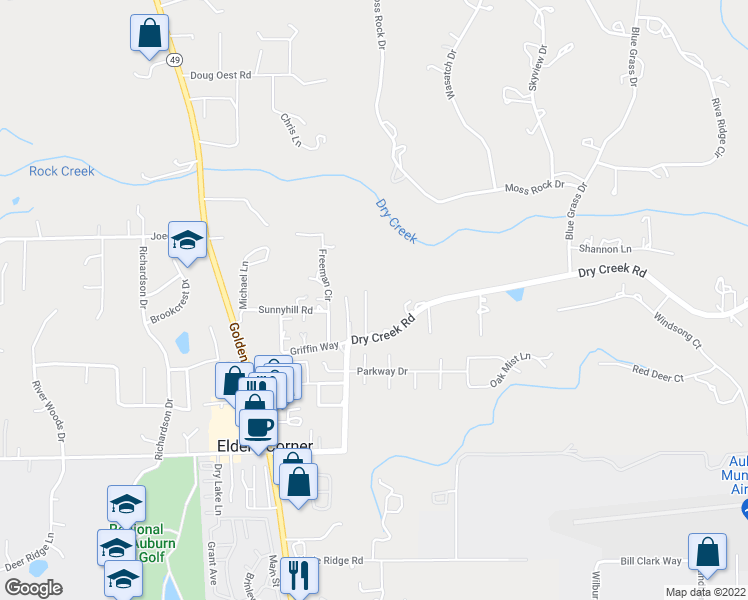 map of restaurants, bars, coffee shops, grocery stores, and more near 12355 Dry Creek Road in Auburn