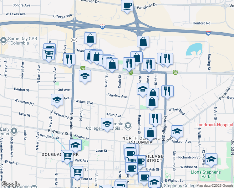 map of restaurants, bars, coffee shops, grocery stores, and more near 735 Fairview Avenue in Columbia