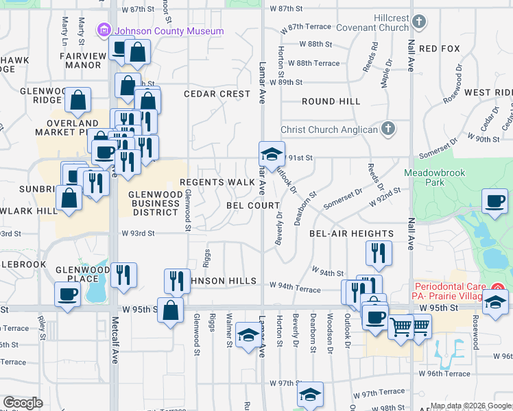 map of restaurants, bars, coffee shops, grocery stores, and more near 6405 West 92nd Street in Overland Park