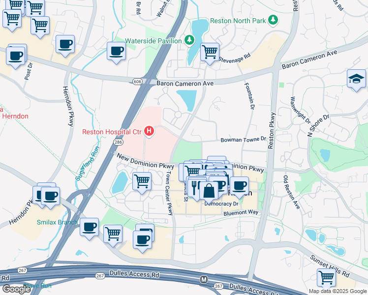 map of restaurants, bars, coffee shops, grocery stores, and more near 12016 Taliesin Place in Reston