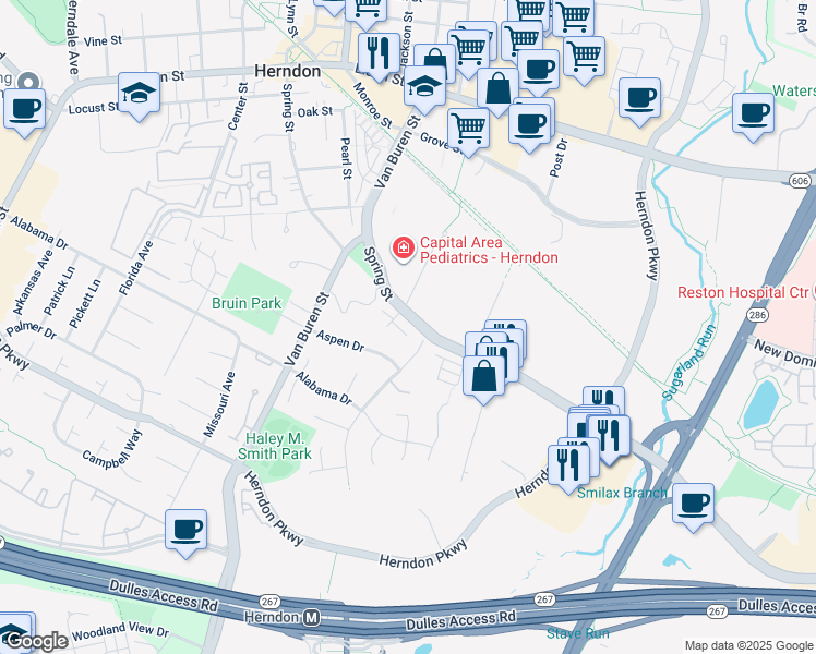 map of restaurants, bars, coffee shops, grocery stores, and more near 485 Spring Street in Herndon