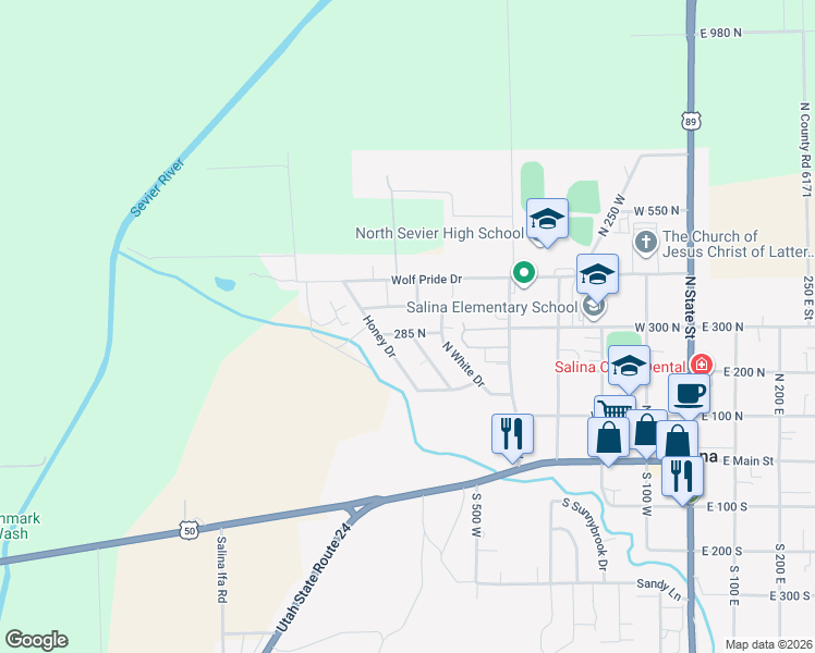 map of restaurants, bars, coffee shops, grocery stores, and more near 630 West 285 North in Salina