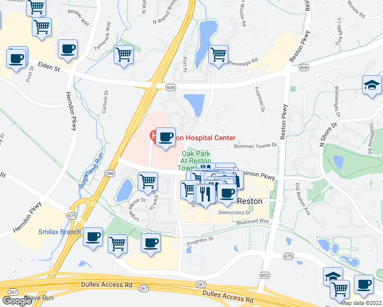 map of restaurants, bars, coffee shops, grocery stores, and more near 12016 Taliesin Place in Reston