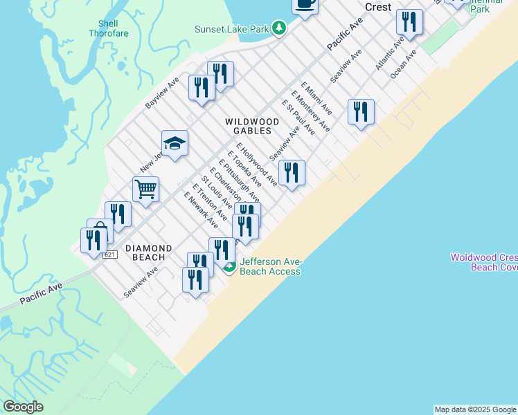 map of restaurants, bars, coffee shops, grocery stores, and more near 402B East Charleston Avenue in Wildwood Crest