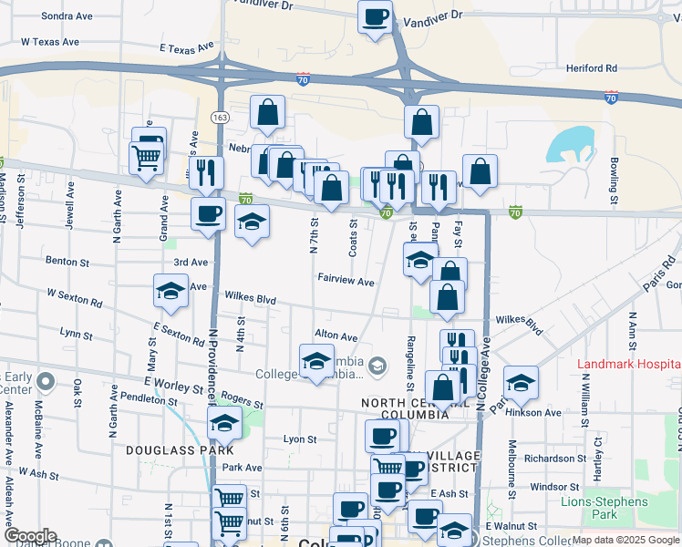 map of restaurants, bars, coffee shops, grocery stores, and more near 735 Fairview Avenue in Columbia