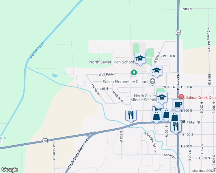 map of restaurants, bars, coffee shops, grocery stores, and more near 590 West 285 North in Salina
