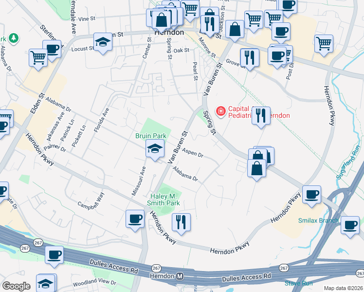 map of restaurants, bars, coffee shops, grocery stores, and more near 525 Aspen Drive in Herndon