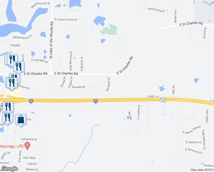 map of restaurants, bars, coffee shops, grocery stores, and more near 709 Demaret Drive in Columbia