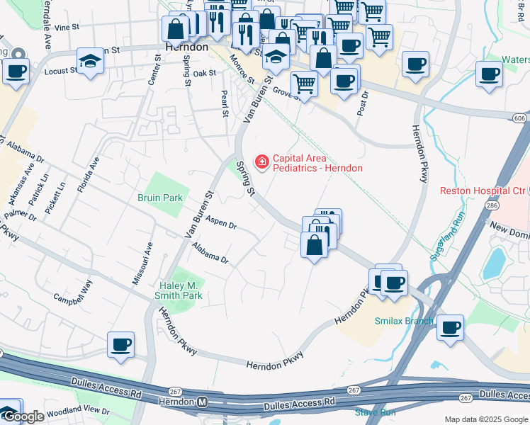 map of restaurants, bars, coffee shops, grocery stores, and more near 485 Spring Street in Herndon