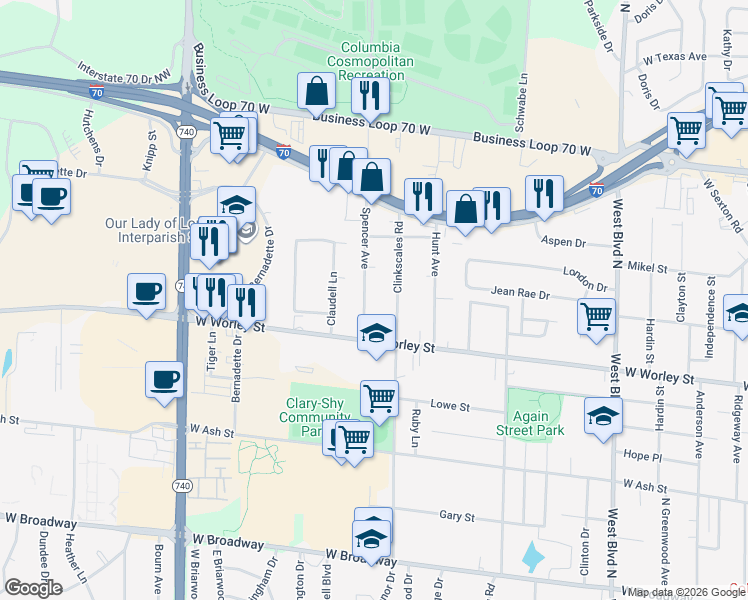 map of restaurants, bars, coffee shops, grocery stores, and more near 707 Clinkscales Road in Columbia
