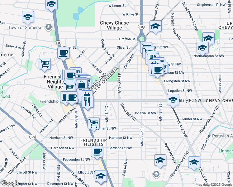 map of restaurants, bars, coffee shops, grocery stores, and more near 5412 41st Street Northwest in Washington