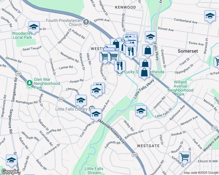 map of restaurants, bars, coffee shops, grocery stores, and more near 5326 Westbard Avenue in Bethesda