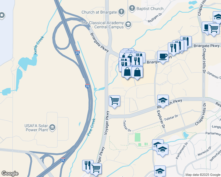 map of restaurants, bars, coffee shops, grocery stores, and more near 1618 Telstar Drive in Colorado Springs