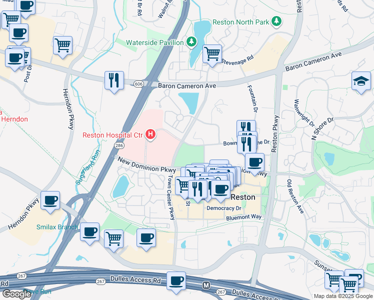 map of restaurants, bars, coffee shops, grocery stores, and more near 12016 Taliesin Place in Reston