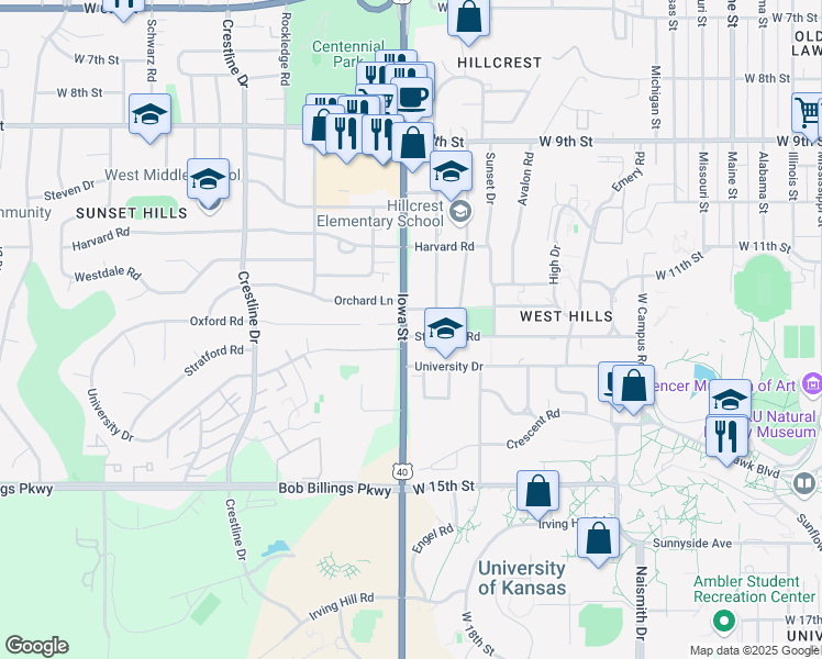 map of restaurants, bars, coffee shops, grocery stores, and more near 1203 Iowa Street in Lawrence