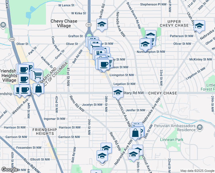 map of restaurants, bars, coffee shops, grocery stores, and more near 5410 Connecticut Avenue Northwest in Washington