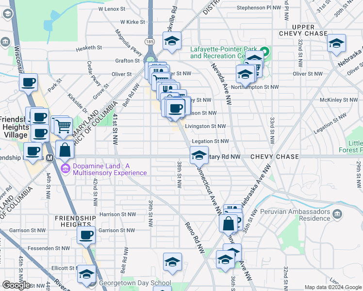 map of restaurants, bars, coffee shops, grocery stores, and more near 5410 Connecticut Avenue Northwest in Washington