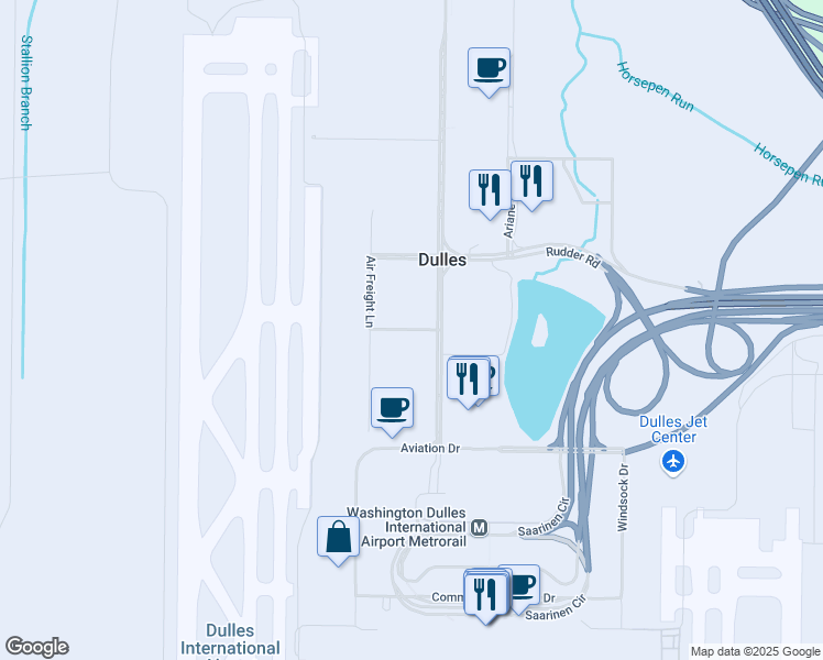 map of restaurants, bars, coffee shops, grocery stores, and more near Package Court in Sterling