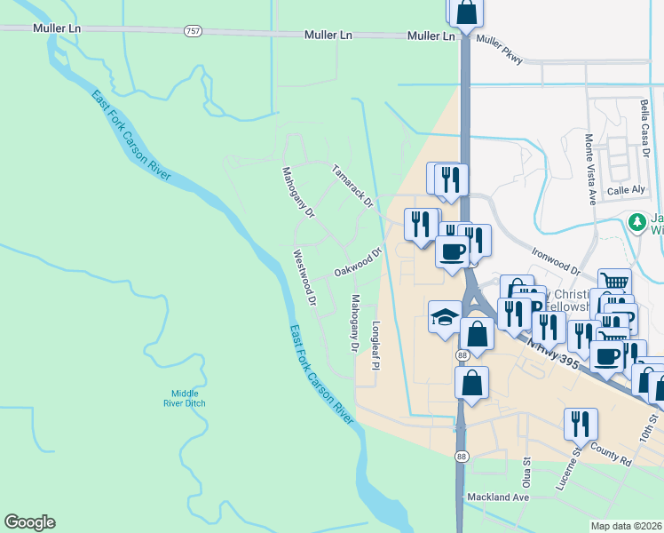 map of restaurants, bars, coffee shops, grocery stores, and more near 843 Mahogany Drive in Minden