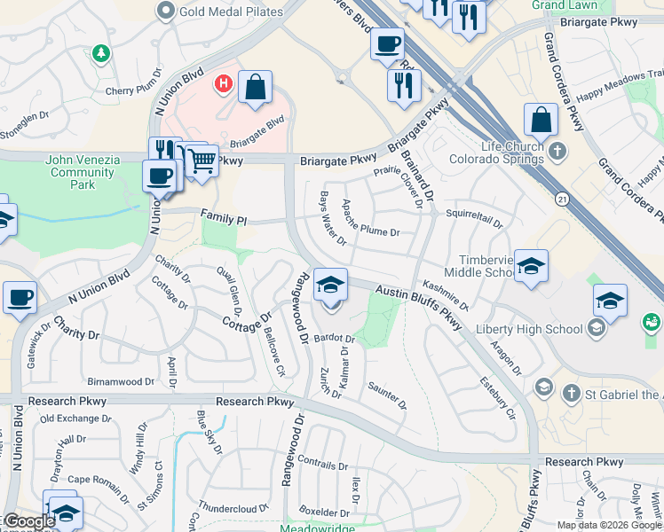 map of restaurants, bars, coffee shops, grocery stores, and more near in Colorado Springs